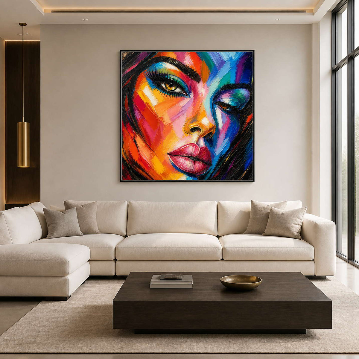 Colorful female pop art portrait in a warm gray modern living room.