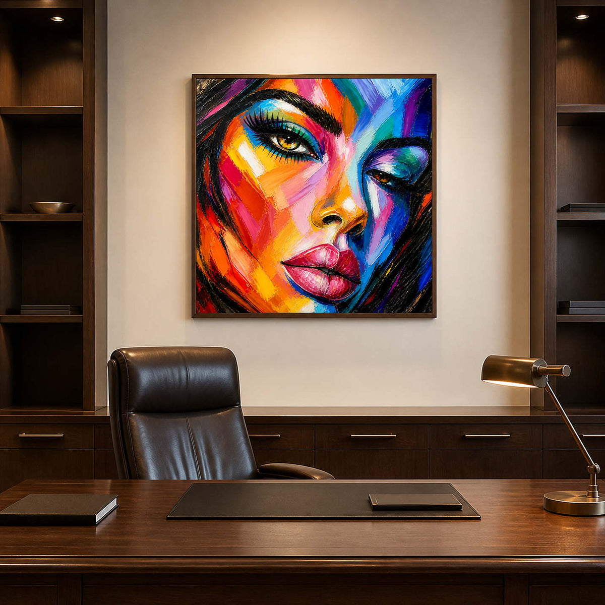 Multicolor female portrait wall art in a deep wood private office.