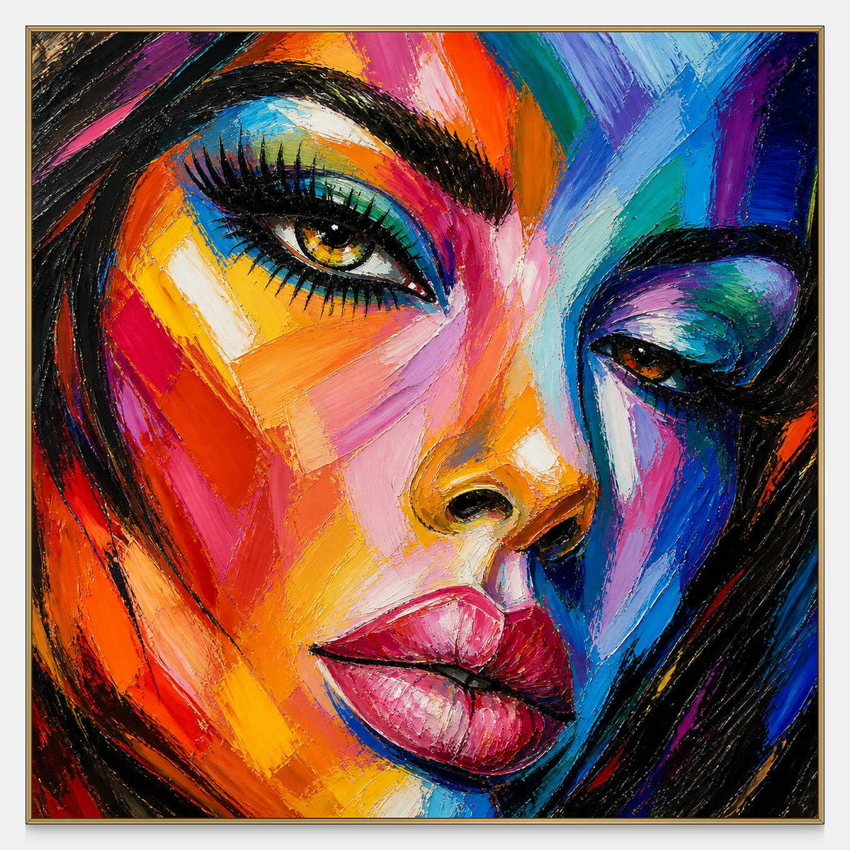 Square female portrait painted in vivid coral, blue, orange, and violet.
