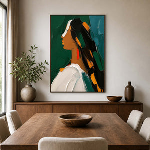 Emerald and amber portrait wall art above a warm wood dining table.