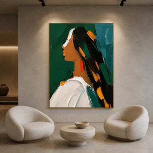 Textured modern portrait wall art displayed in a minimalist gallery lounge.