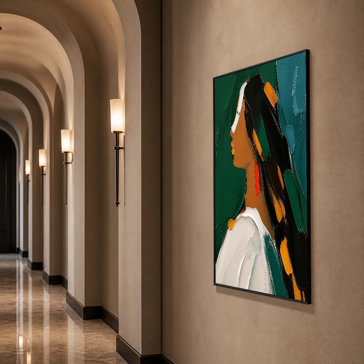 Vertical profile portrait art displayed in a warmly lit arched hallway.