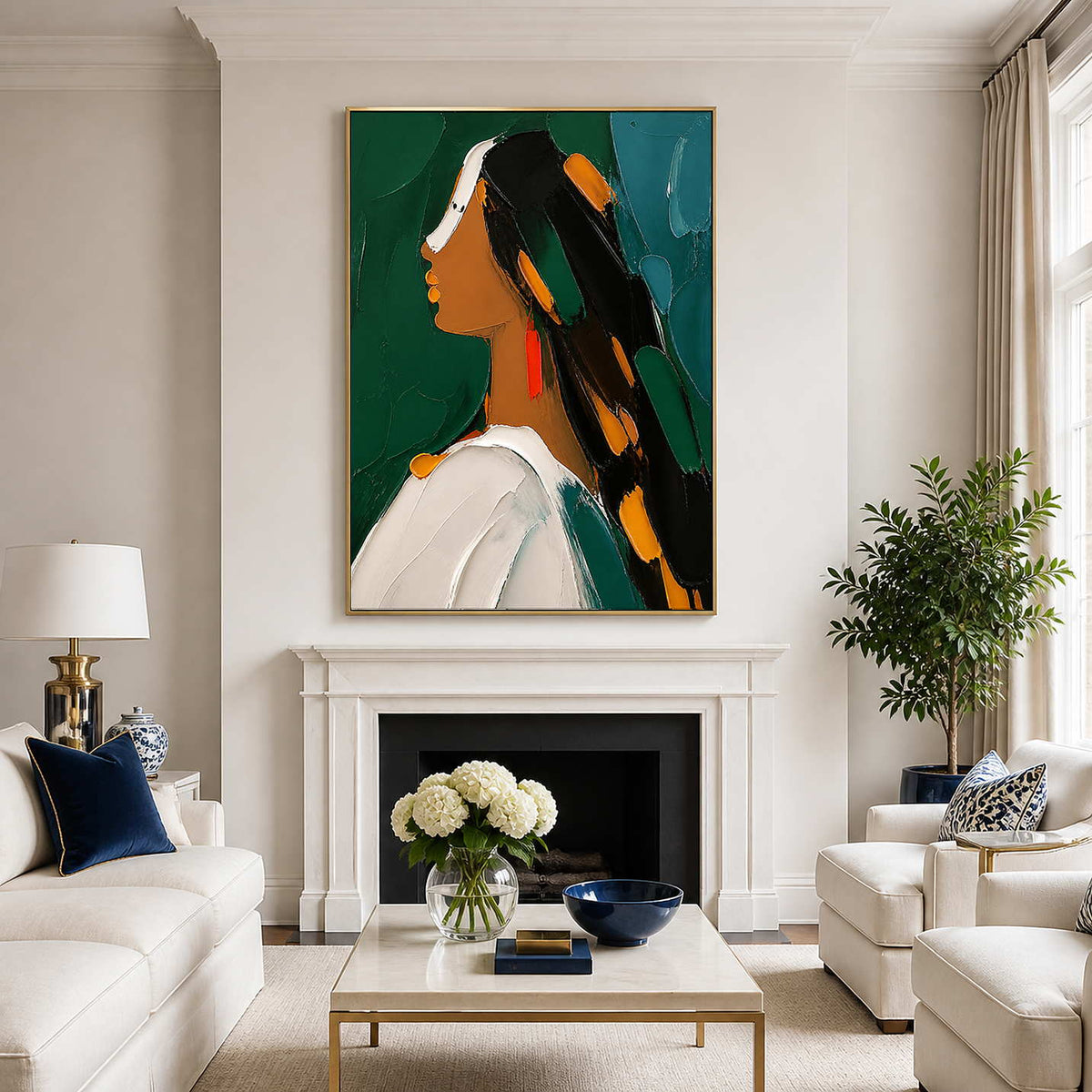Emerald textured portrait wall art in a bright refined living room.