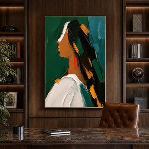 Modern emerald portrait painting in a refined dark wood office.