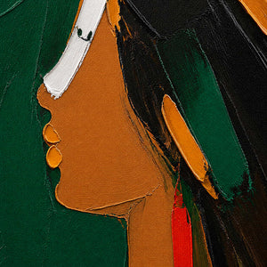 Close-up of emerald, black, amber, white, and red hand-painted portrait texture.