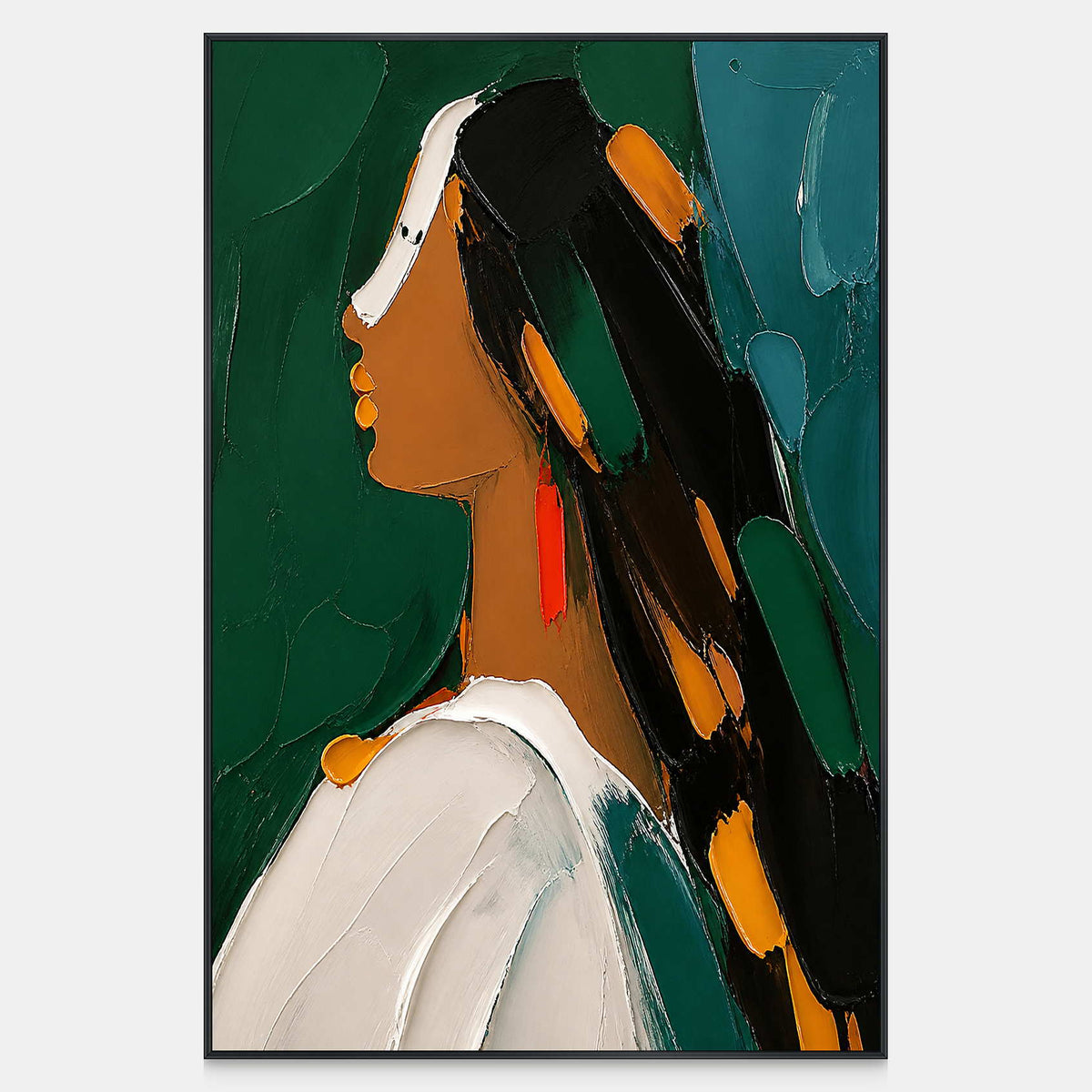Hand-painted profile portrait with emerald background, black hair, amber accents, white clothing, and red earring.