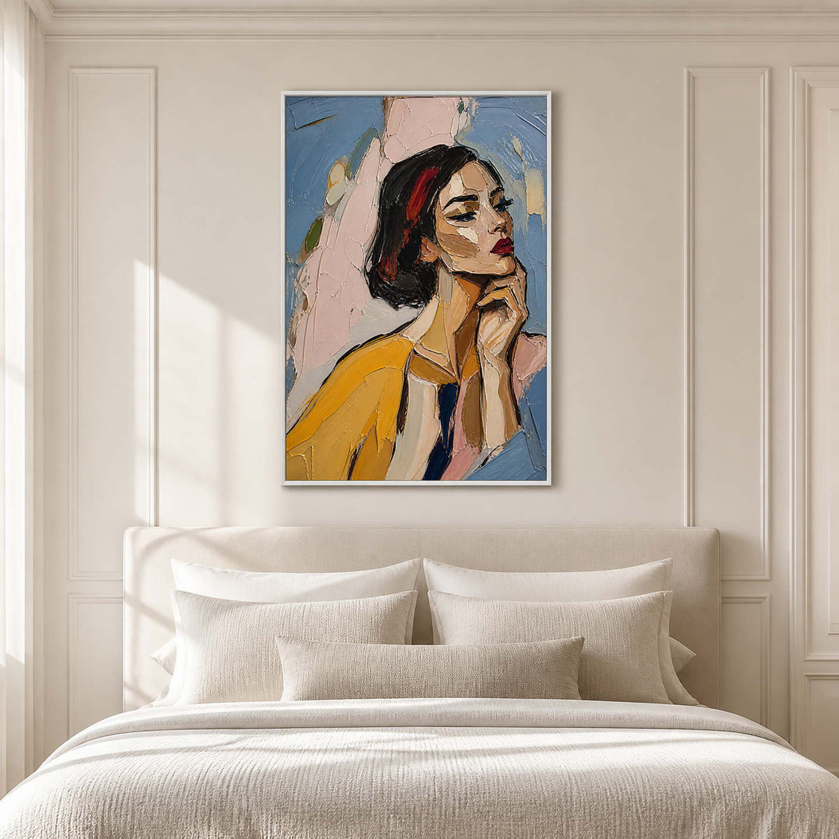 Thoughtful textured portrait creates quiet character above a white bed.