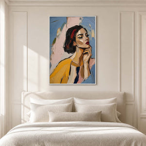 Thoughtful textured portrait creates quiet character above a white bed.
