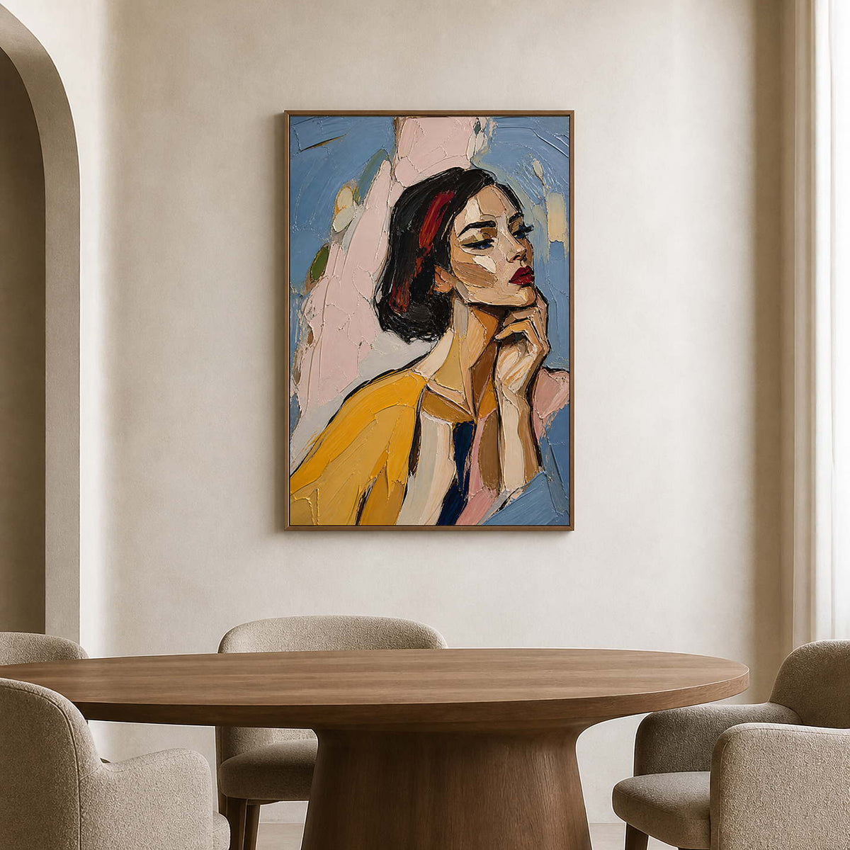 Mustard and blue portrait painting warms a refined wood dining room.