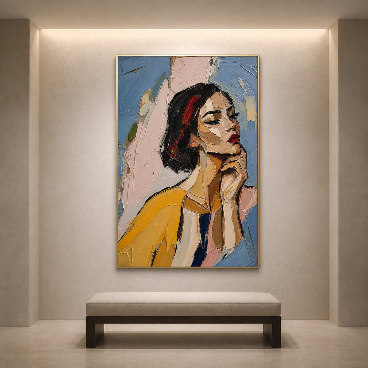 Textured modern portrait displayed above a minimalist gallery bench.