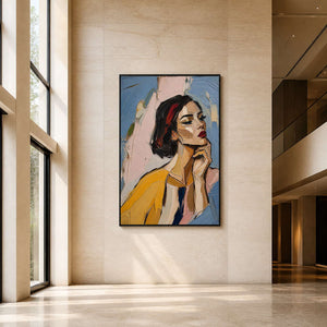 Expressive vertical portrait wall art displayed in a spacious hotel lobby.