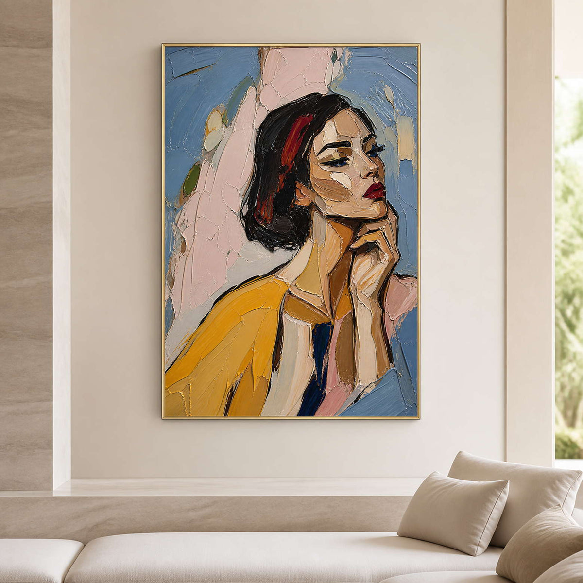 Textured female portrait wall art in a bright neutral living room.