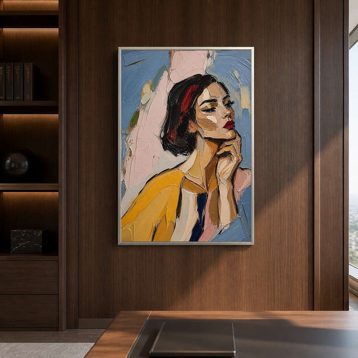 Modern female portrait brings expressive color to a dark wood office.