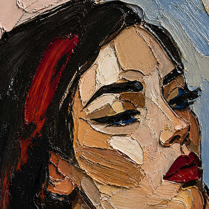 Close-up of layered skin tones, black hair, and red lips.