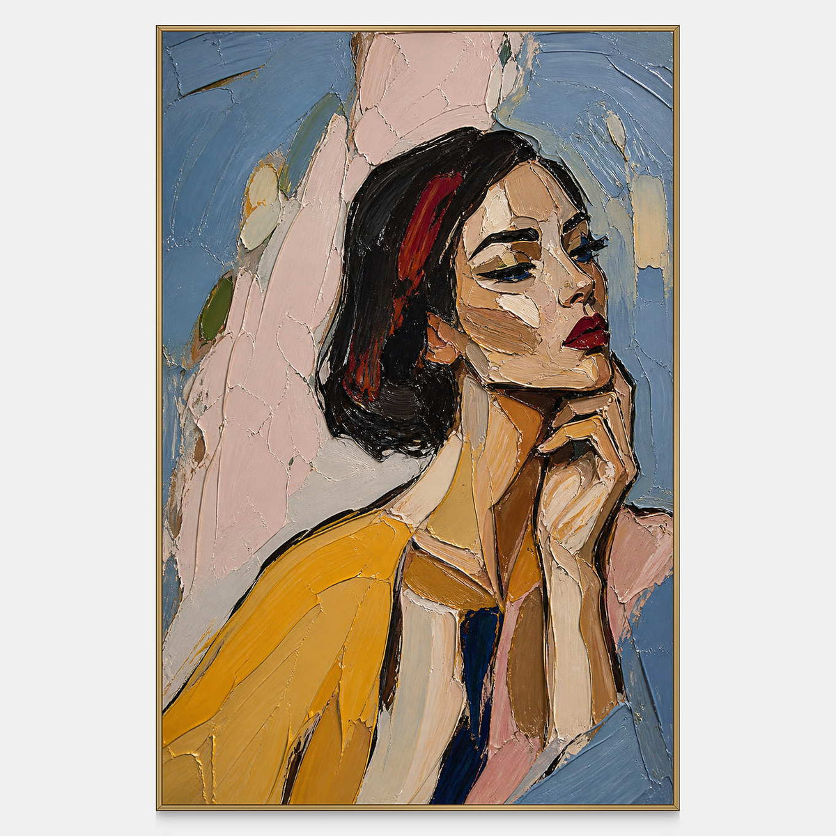Hand-painted female portrait in mustard, dusty blue, blush, and black.