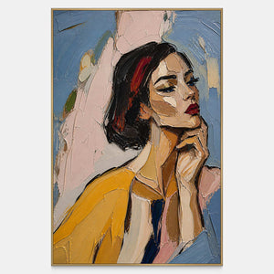 Hand-painted female portrait in mustard, dusty blue, blush, and black.