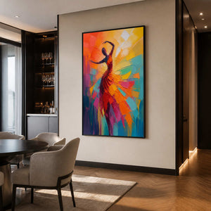 Bold modern dancer wall art displayed in a sophisticated dining lounge.