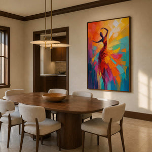 Vibrant modern dancer wall art displayed in a refined American dining room.