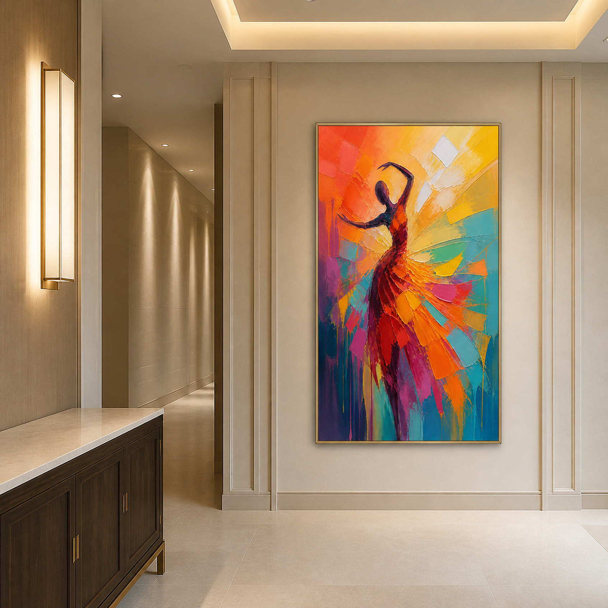 Vertical textured dancer wall art displayed in an elegant luxury entryway.