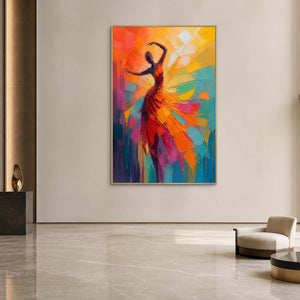 Vibrant textured dancer wall art displayed in an upscale hotel lobby.