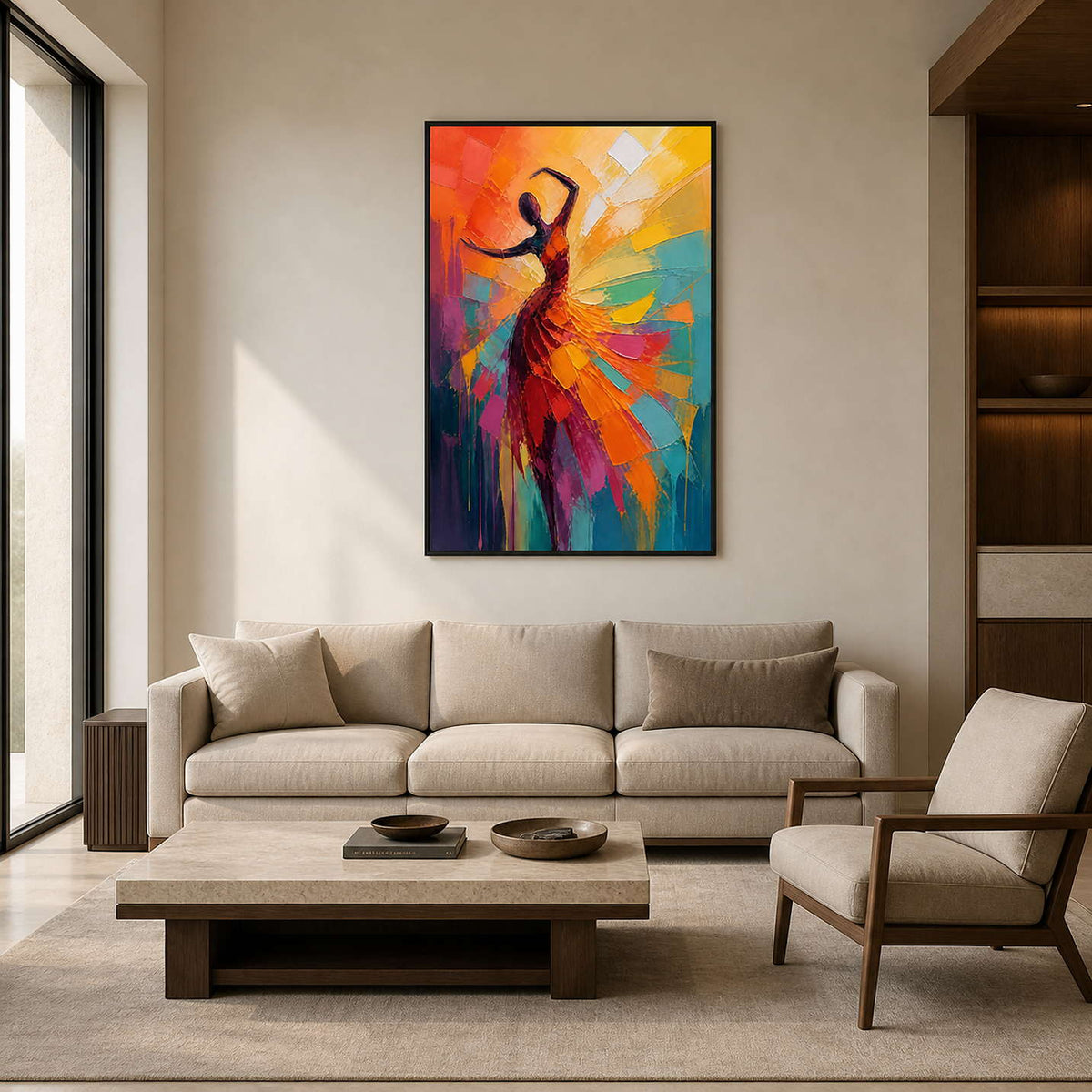 Colorful textured dancer wall art displayed in a modern luxury living room.
