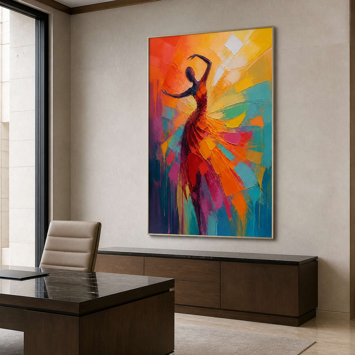 Colorful figurative dancer wall art displayed in a modern private office.