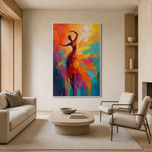 Expressive colorful dancer painting displayed in a contemporary reception room.