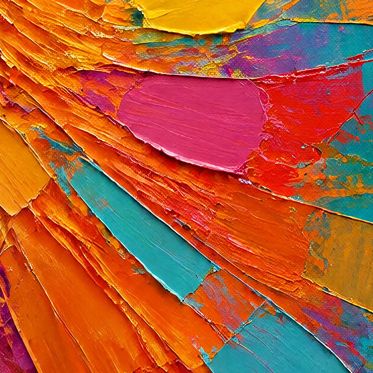 Close-up of layered coral, orange, turquoise, magenta, and yellow paint texture.