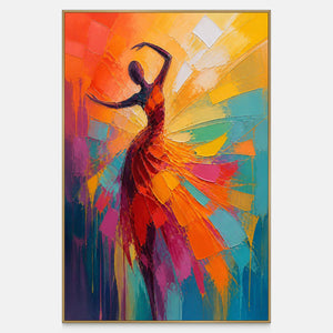 Hand-painted vertical dancer wall art in coral, orange, turquoise, magenta, and violet.