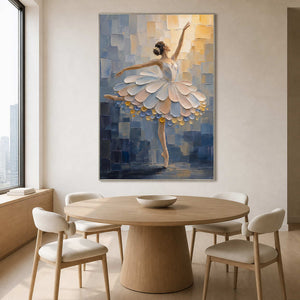 Textured ballerina wall art in a luminous modern dining room