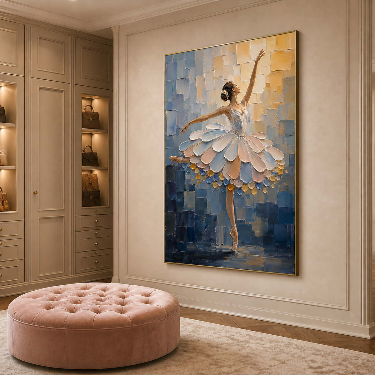 Textured ballet artwork in a refined dressing room lounge