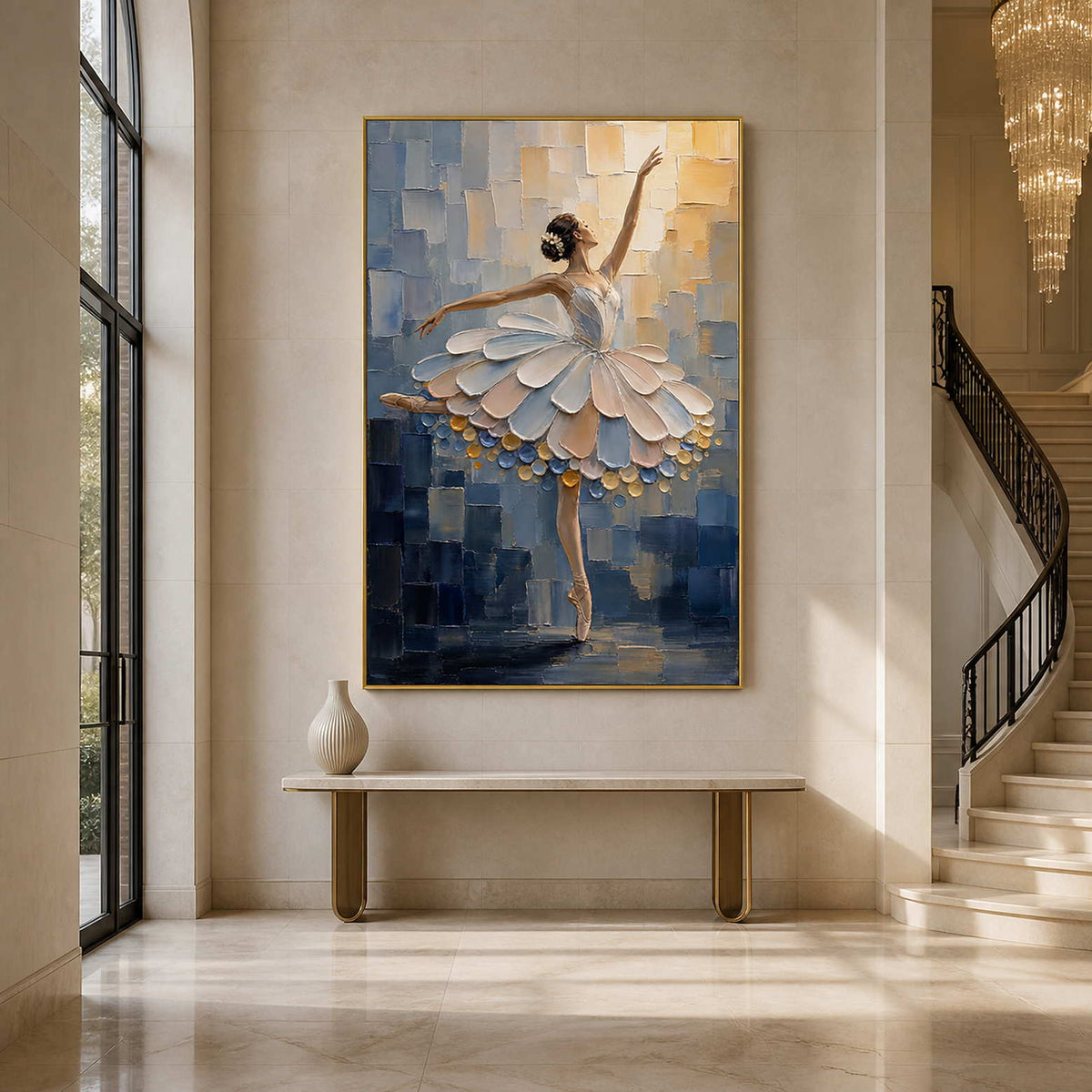 Vertical ballerina artwork in a grand light filled entryway