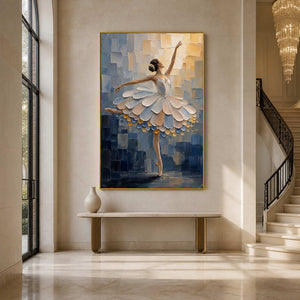 Vertical ballerina artwork in a grand light filled entryway