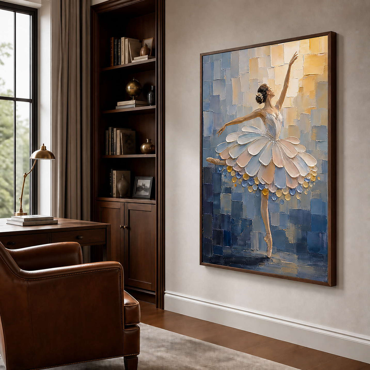 Vertical ballerina wall art in an art collector home office