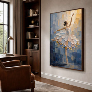 Vertical ballerina wall art in an art collector home office