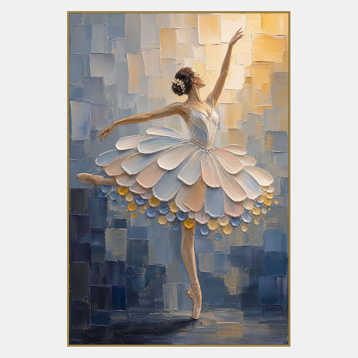 Blue ivory and gold textured ballerina wall art with sculpted petals