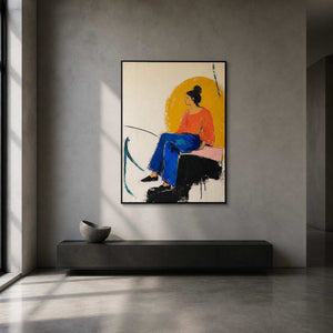 Textured modern portrait displayed in a cement gray art entryway.