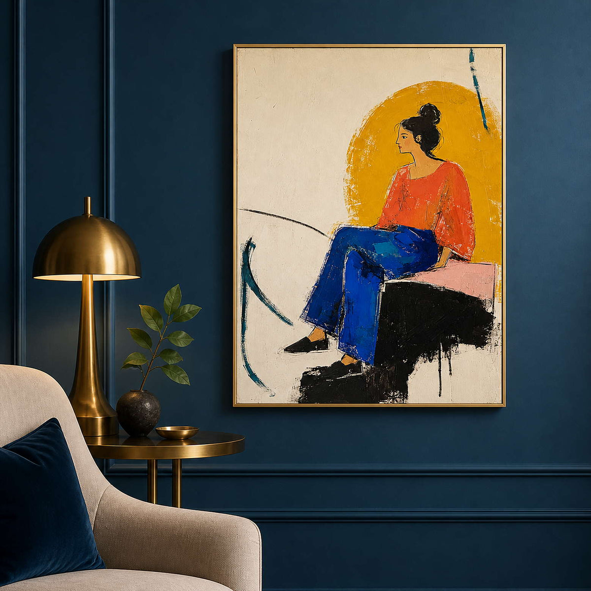 Modern female portrait wall art displayed in a deep blue boutique lounge.