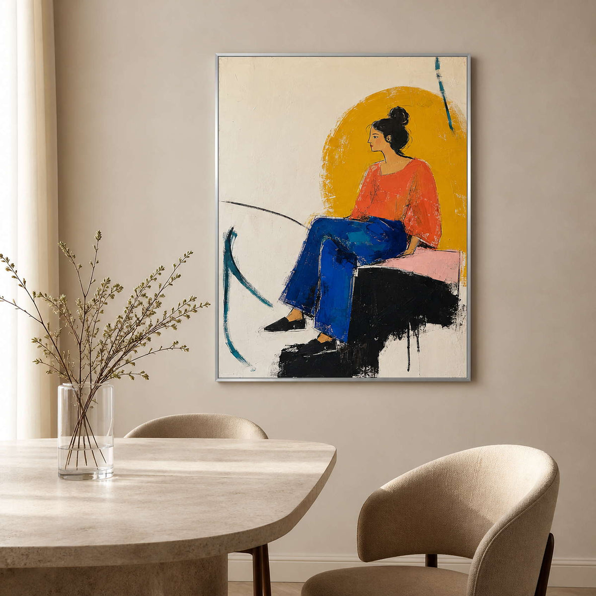 Vertical colorful portrait displayed in a light beige modern dining room.