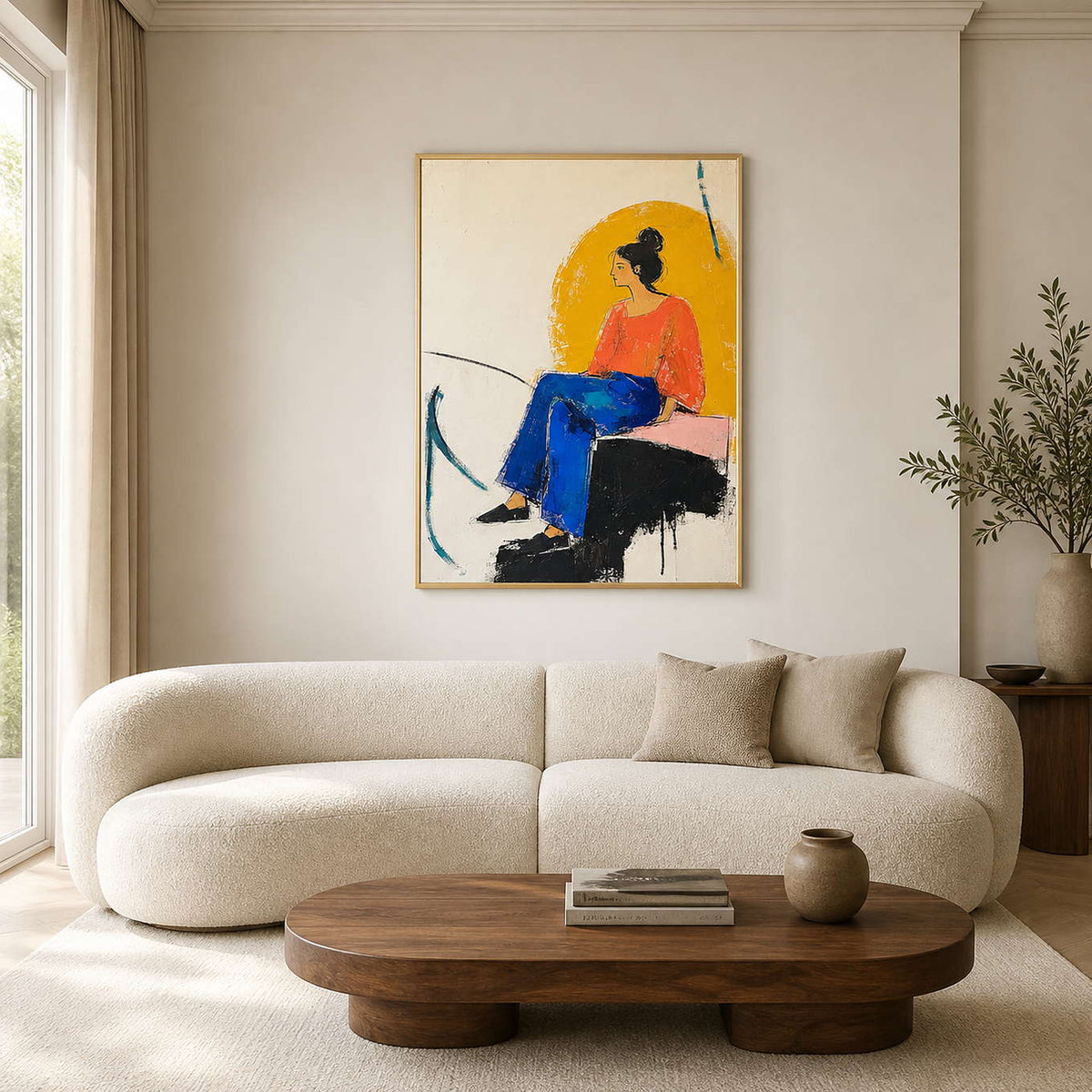 Colorful seated-woman portrait displayed in a warm white modern living room.