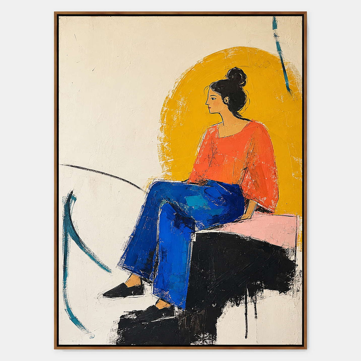 Hand-painted portrait of a seated woman in coral and cobalt against ochre.