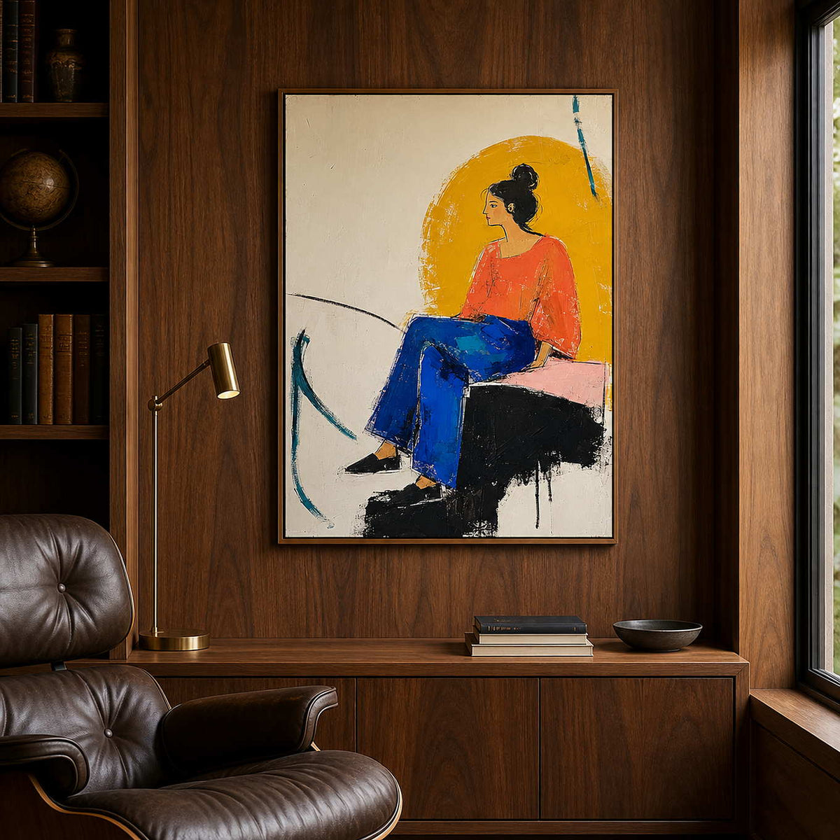 Expressive figurative wall art displayed in a walnut collector study.