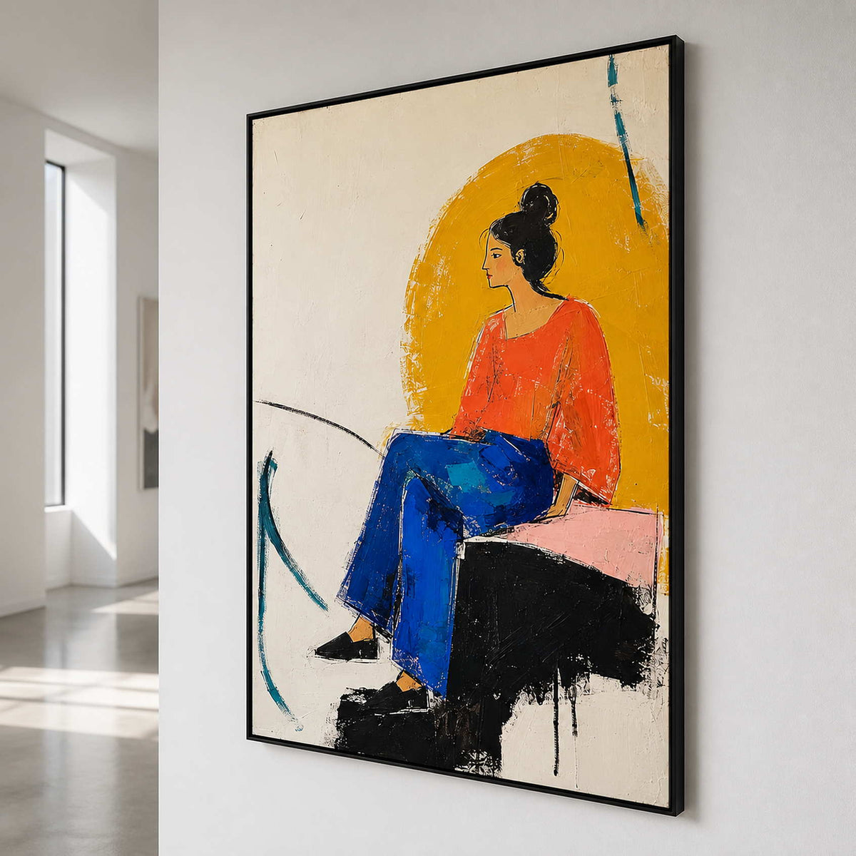 Textured contemporary portrait shown from the side on a white gallery wall.