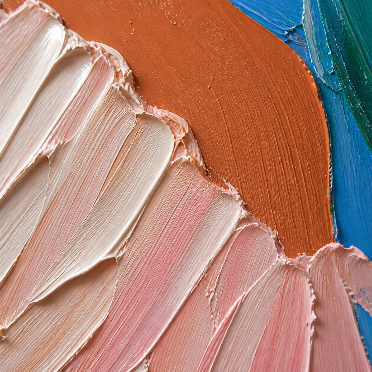 Close-up of blush-white impasto fabric against warm brown painted skin.