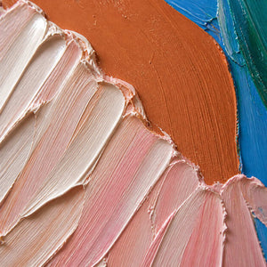 Close-up of blush-white impasto fabric against warm brown painted skin.