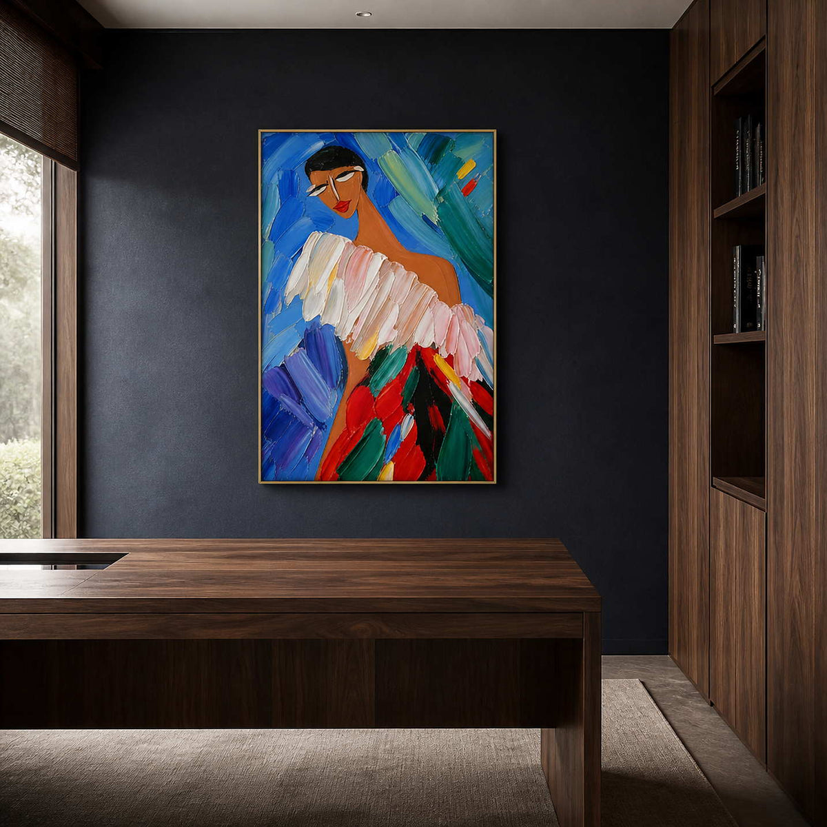 Textured figurative wall art displayed in a deep indigo walnut office.