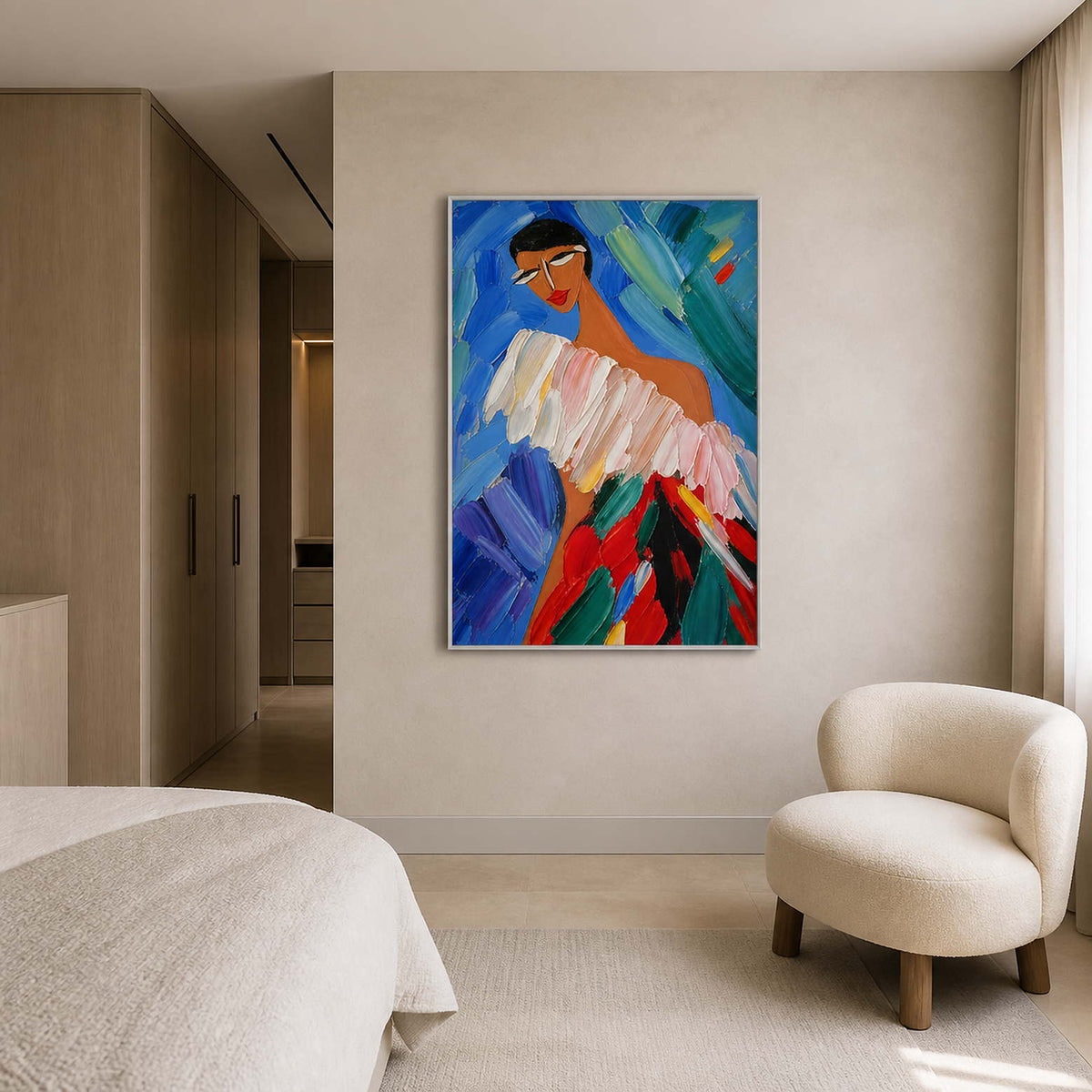 Expressive figurative painting displayed in a blush-gray oak bedroom.