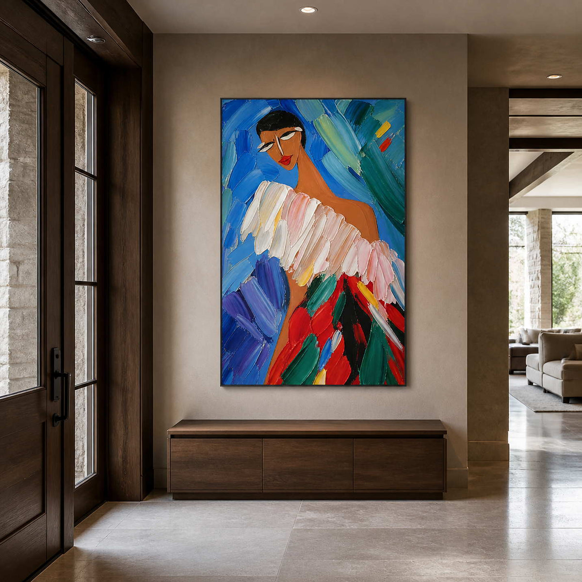 Colourful floral paintings adding warmth to a restrained living room