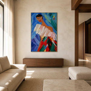 Colorful figurative wall art displayed in an ivory stone walnut living room.