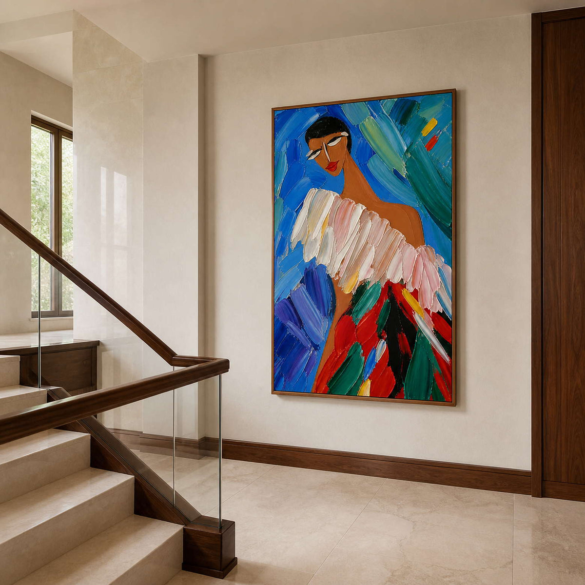 Vertical colorful artwork viewed in a warm stone walnut stair hall.